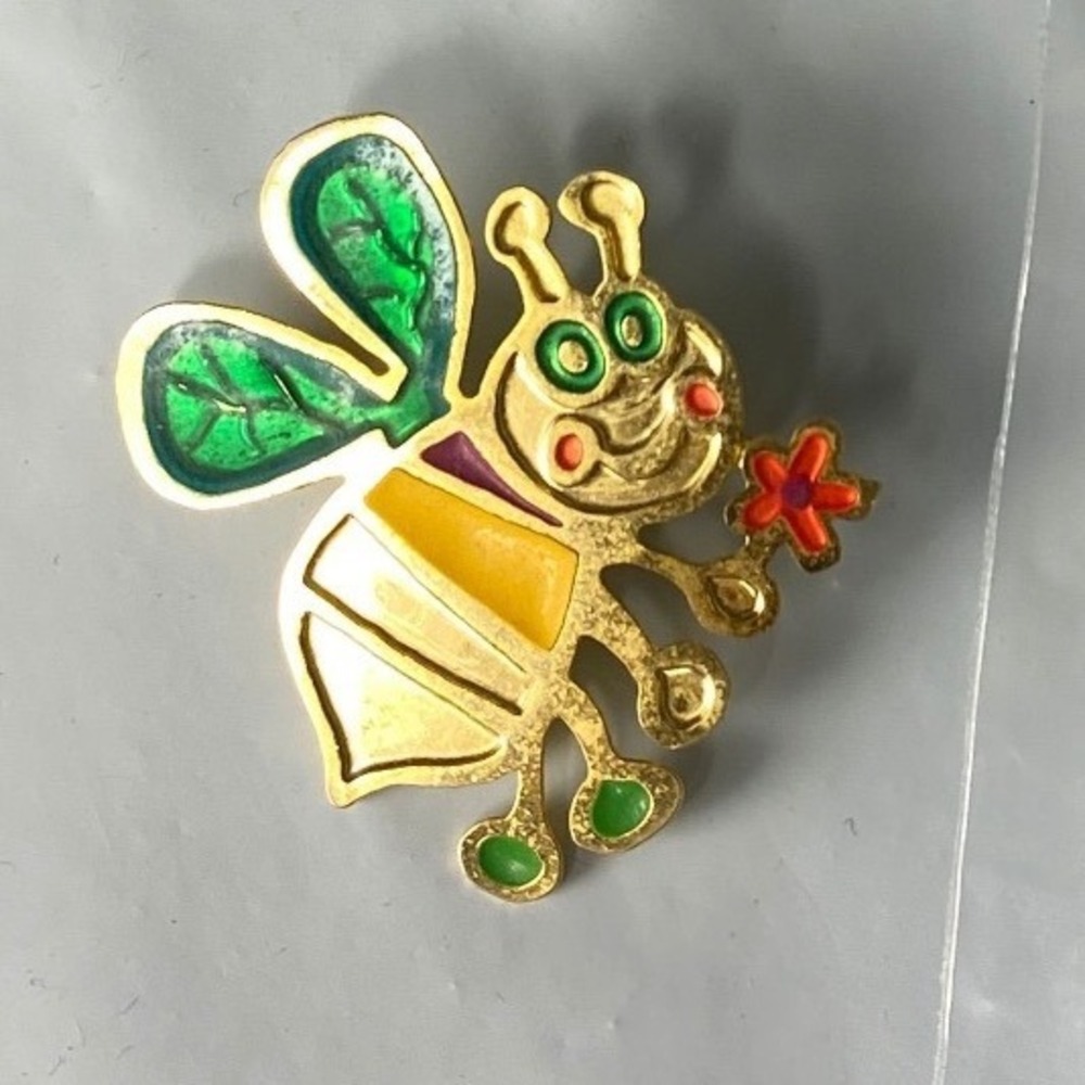 Vintage Gold Tone Enamel Bumble Bee Pin Brooch Green Yellow Insect Jewelry